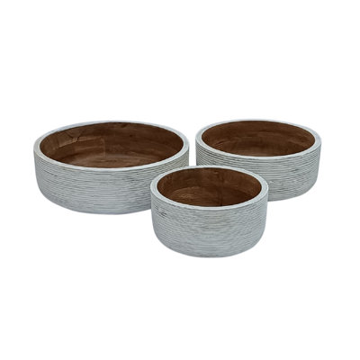 Ensemble de 3 bols ronds en bois avec nervures blanc et naturel 12 "
