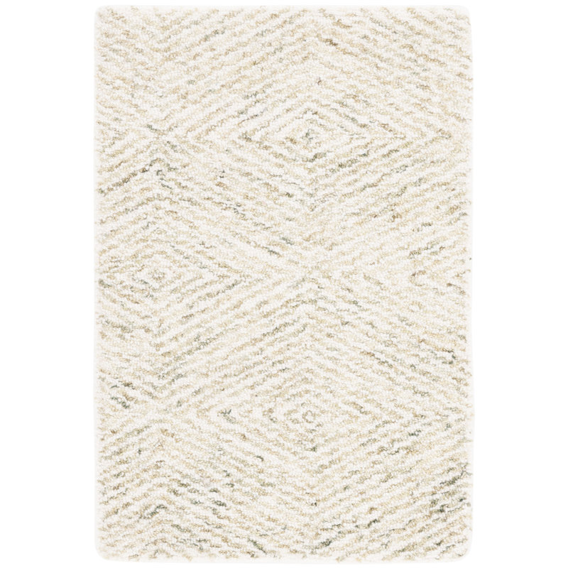 Stavro Hand Tufted Wool/Cotton Geometric Rug in Light Green/Ivory, Rectangle 4' x 6'