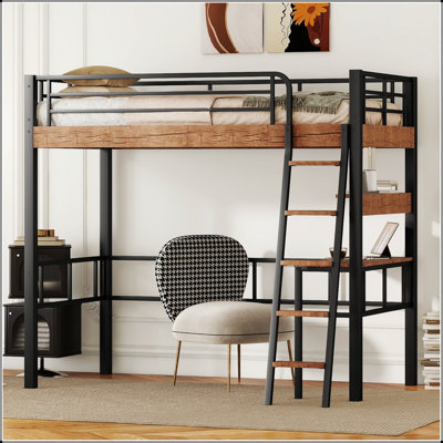 Metal Loft Bed With Built-In Desk, Storage Shelf, And Ladder For Space-Saving And Multifunctional Living