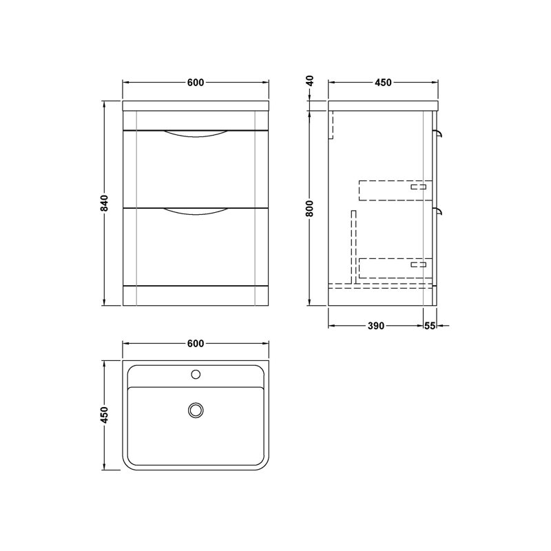 nuie Parade 800mm Satin Grey 2 Drawer Floor Standing Vanity Unit With Polymarble Basin, Satin Grey, 80cm W