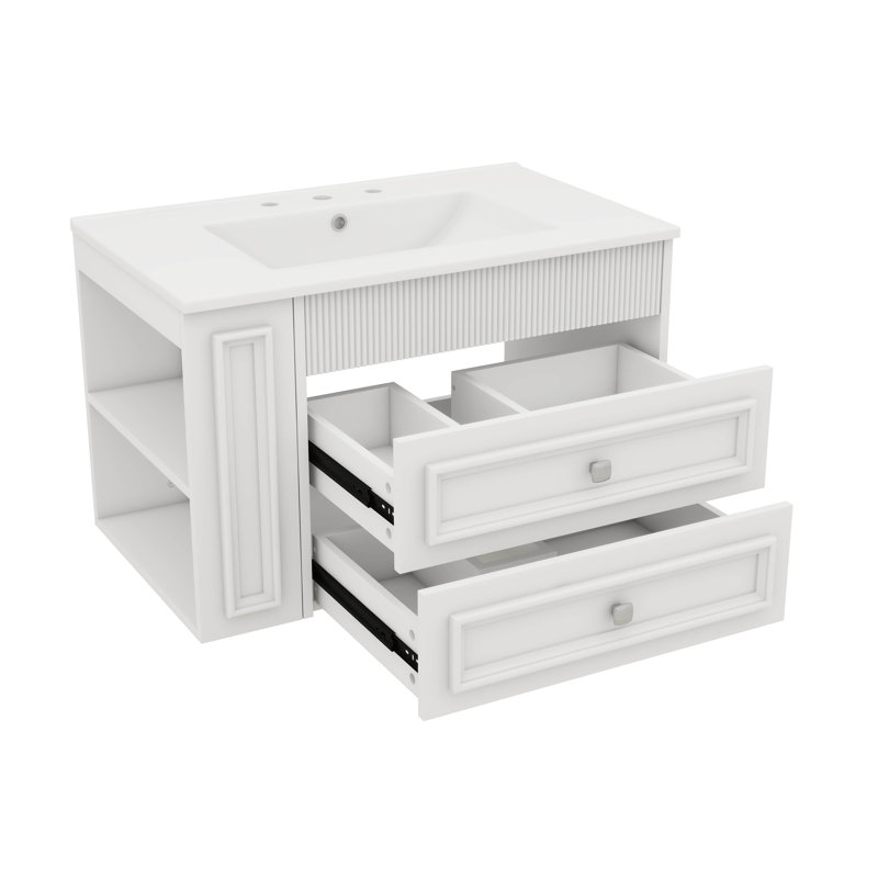 Armoire murale de salle de bain flottante 30 po avec lavabo 30 po et 2 tiroirs avec fonction de fermeture en douceur, Blanc