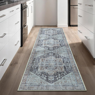 GLN Rugs Collection Vintage - tapis lavable à la machine, tapis lavable rétro, tapis antidérapant, tapis de salon à poils courts, tapis de chambre à coucher, tapis de salle de bain - facile à nettoyer (tapis brun et gris)