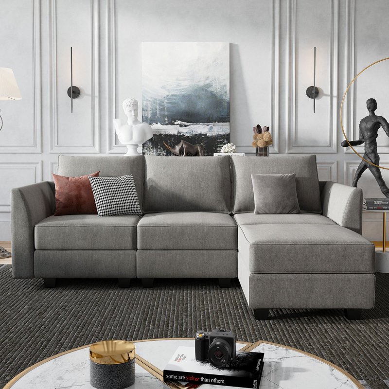 Canapé modulaire en L rembourré avec siège de rangement Manusite, 100% polyester gris