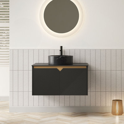 Meuble-lavabo 30 po, meuble-lavabo mural en contreplaqué flottant, double vasque en sergé avec vasque ronde en céramique avec motif en pierre et plateau en pierre frittée