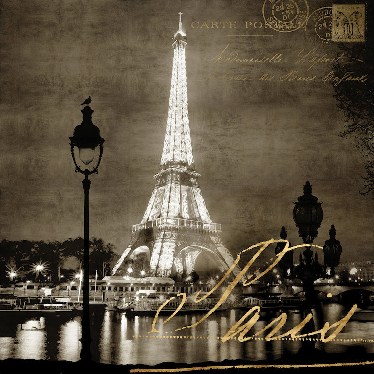 «Paris At Night in sépia» par Kate Carrigan, reproduction sur toile tendue sur châssis, H 12 po x l 12 po x P 0,75 po