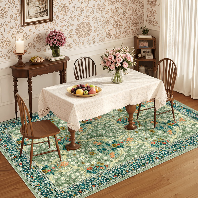 Vintage Floral Area Rug Washable Rugs Stain Resistant Easy Cleaning Indoor Carpet With Non-Slip Backing Low Pile Floor Cover Non Shedding Folding Throw Carpet For Home Decor