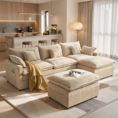 108" 5-Person L-Shaped Sectional Sofa with 2 Movable Ottomans, 26" Deep Seat Chenille Upholstery and 5 Throw Pillows