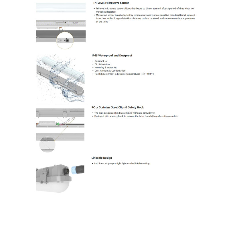Éclairage étanche à la vapeur à DEL à capteur à trois niveaux 4 pi avec télécommande, IP65 IK08 20W / 40W 125LM / W à l'épreuve de la vapeur, 5000K 100-277V Dimmable 4 pieds à DEL pour le garage de l'abri d'auto, FCC