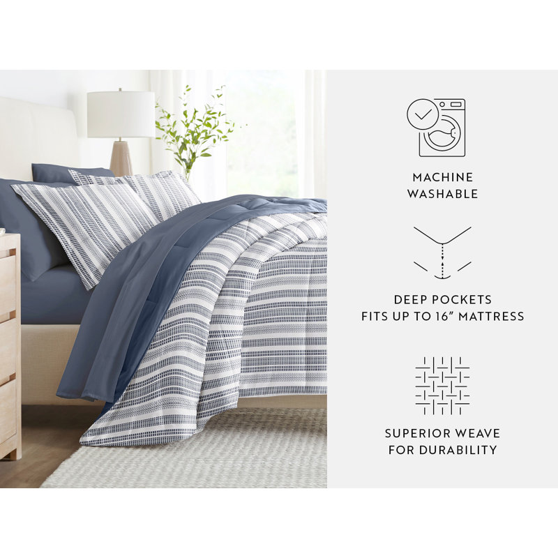 Full Navy Striped Microfiber Down Alternative Bed in a Bag Set