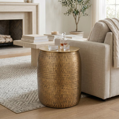 Hammered Metal Side Table with Copper and Brass Antique Finish, Handcrafted Drum Accent Table – 16” Wide