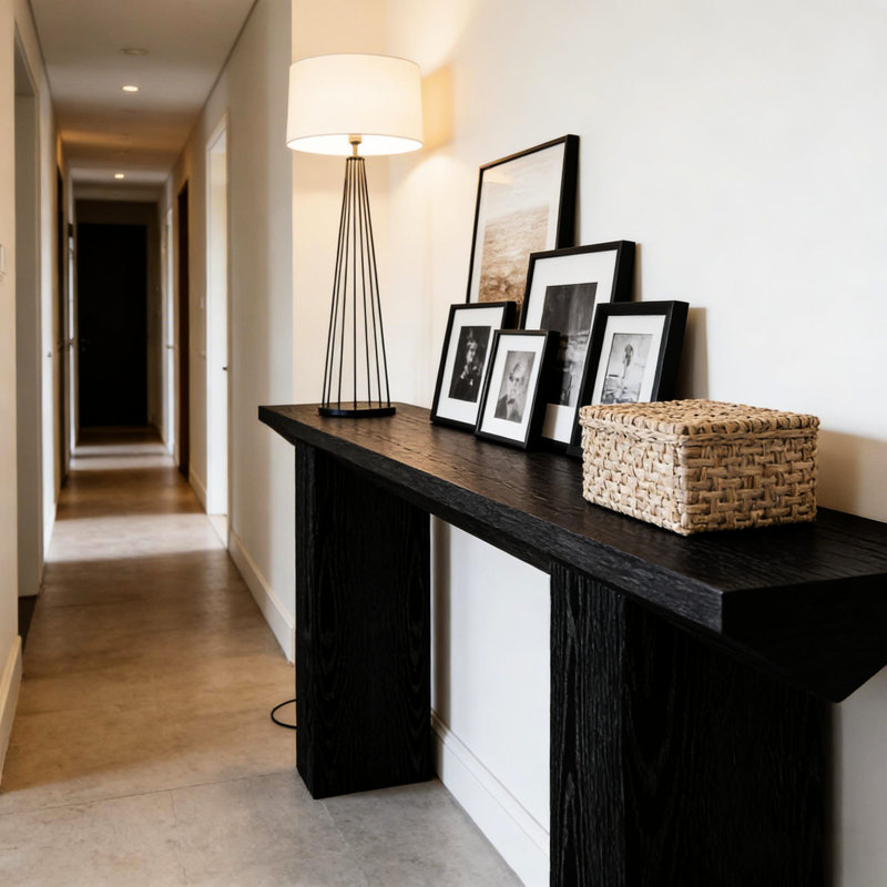 Table moderne triangulaire de 63 po pour le couloir - Construction, présentoir à surface élargie, base de salon de 64,73 po de profondeur, 32,26 po de hauteur, articles décoratifs