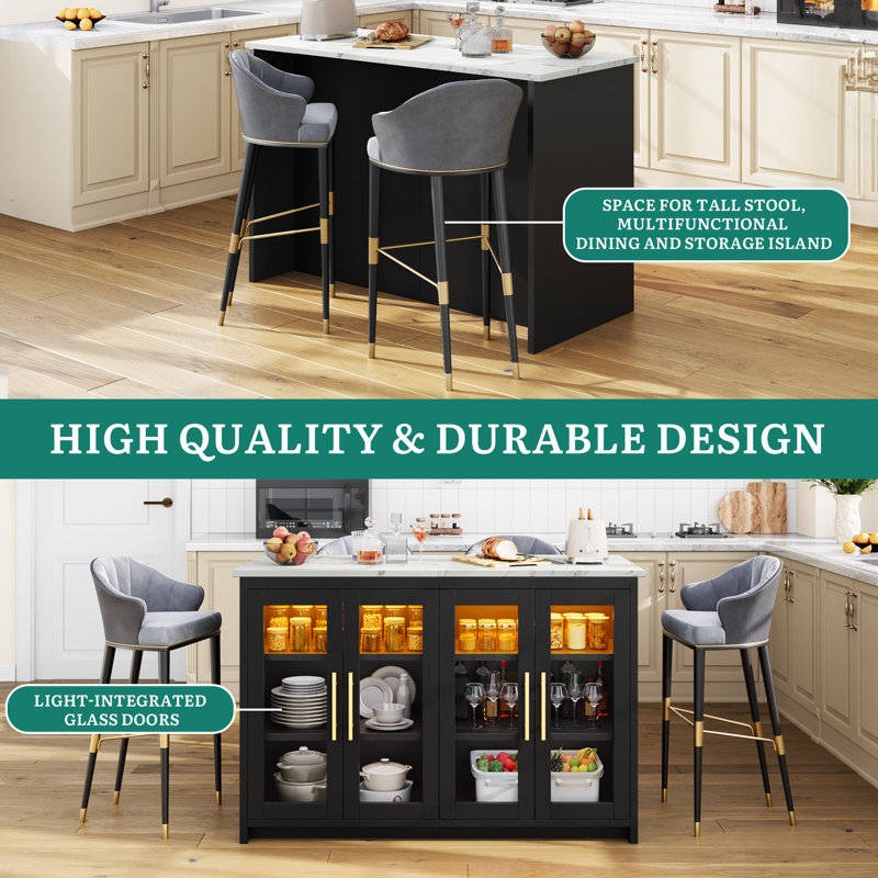  130cm W Kitchen Island With 4 Acrylic Doors & 3-Color LED Strip, Black/White