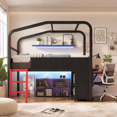 Lit mezzanine simple bas avec bureau latéral et ports USB