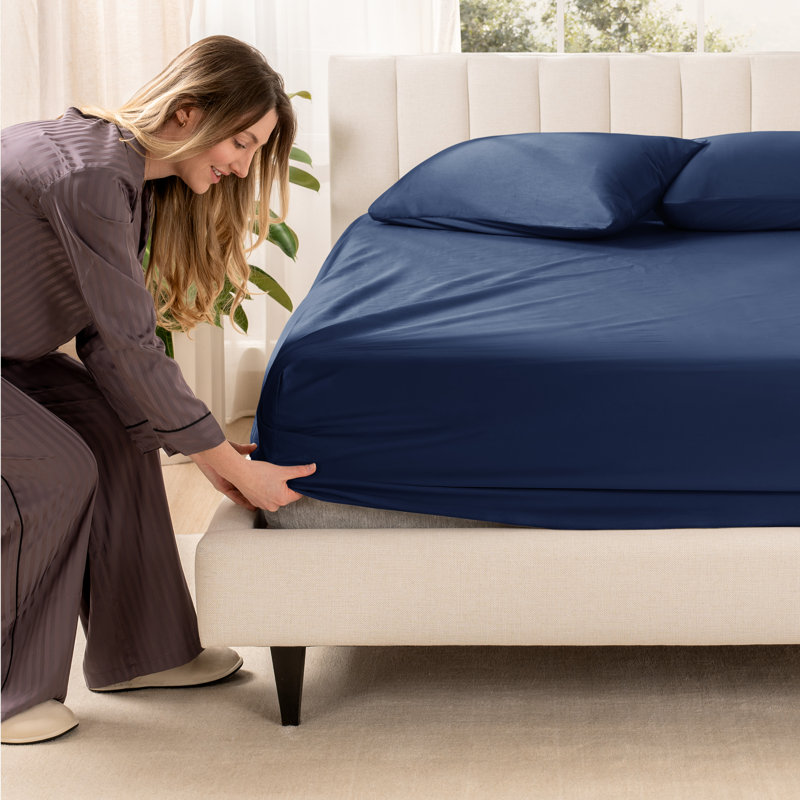 Organic Sateen Machine Woven Fitted Sheet, Twin XL Fitted Sheet, Dark Blue