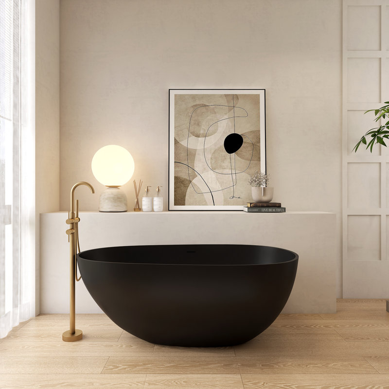 59”Solid Surface Bathtub, Freestanding Soaking Bathtub, Matte Black