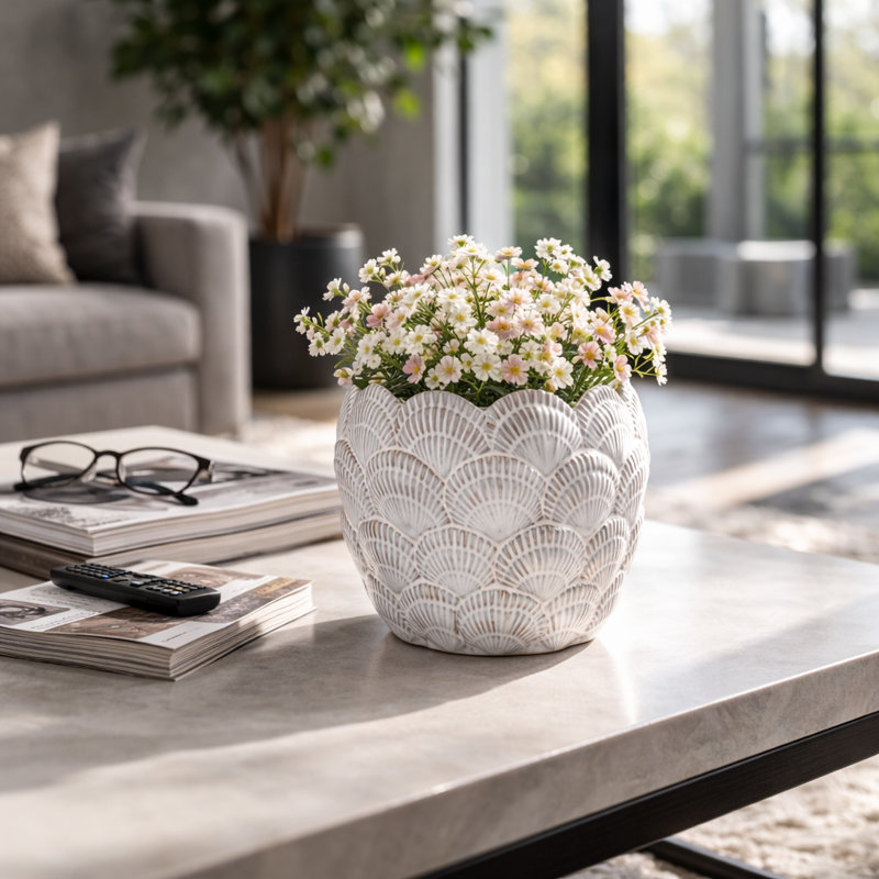 Stoneware Ceramic Planter with Embossed Scale Texture and Scalloped Rim Decorative Modern Pot, 8" H x 10" W x 10" D