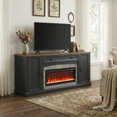 Meuble télé en noyer avec décorations en brique grise pour téléviseur de 70 po ou moins, console média avec gestion des câbles et rangement