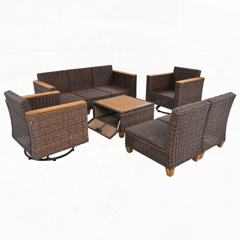 Ensemble 8 pièces de mobilier d'extérieur en osier avec coussin épais, Coussin bleu / cadre brun foncé