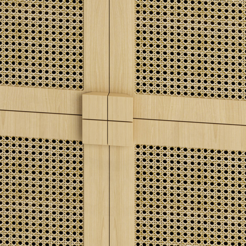 4-Doors Rattan Mesh Storage Cabinet, Natural Wood