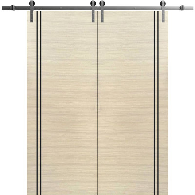 Portes coulissantes doubles de style grange avec quincaillerie Planum 0016, placage naturel, rail de 4 m (13 pi), supports robustes, ensemble moderne à panneaux pleins, pour intérieur, hall, chambre ou salle de bain - 122 cm x 203 cm (48 po x 80 po) (2 x 61 cm x 203 cm [2 x 24 x 80 po]) - Rail argenté