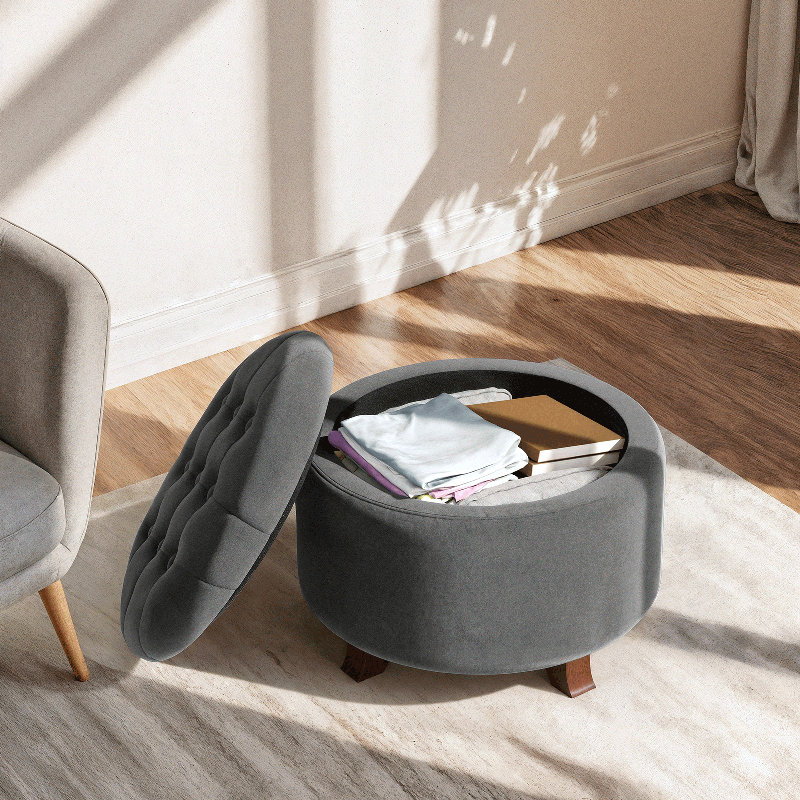 20" W Tufted Round Storage Ottoman , Dark Gray