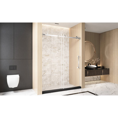 Porte de douche coulissante simple de style américain pour salle de bain, l 56 à 60 po x H 76 po, verre trempé transparent de 6 mm, 1/4 po, film résistant, poignée en acier inoxydable et rail carré en nickel brossé, grandes roues