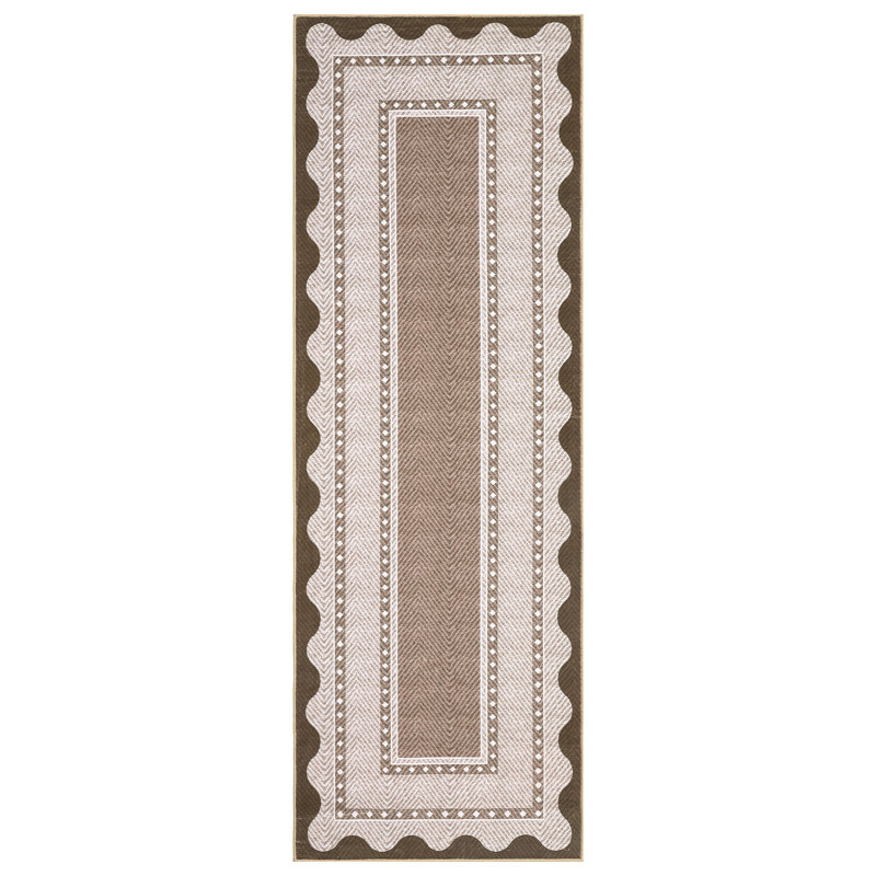 Modern Neutral Non Slip Washable Rugs, Contemporary Border Print Pattern Foldable Soft Carpet, Low Pile Floor Mat