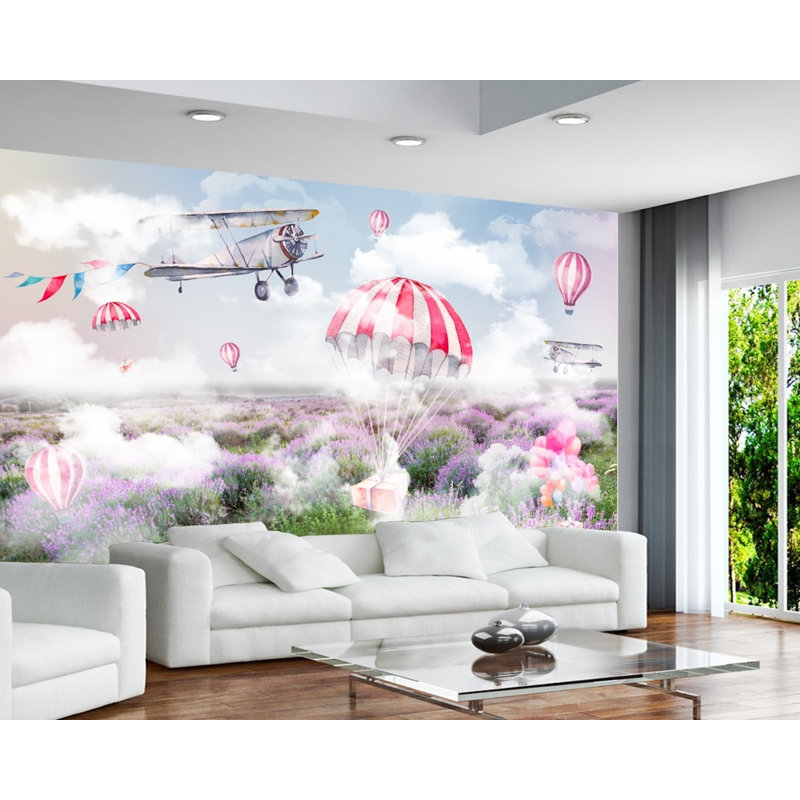 Papier peint amovible avec montgolfière avec lavandes brumeuses, L 35,04 po x l 55 po