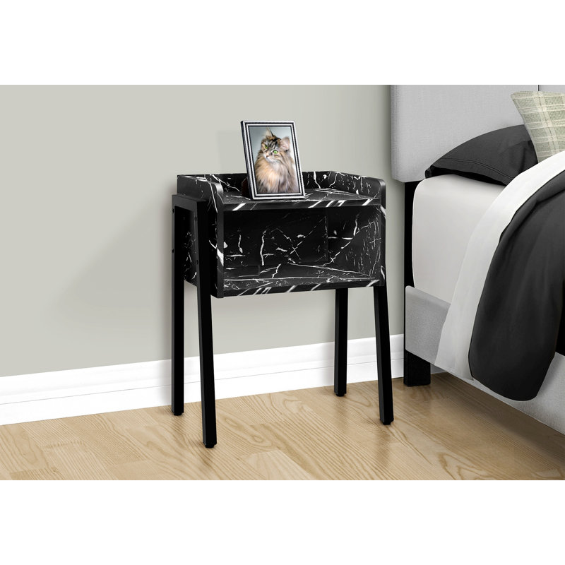 Top Single End Table with Storage, Black Marble, Black