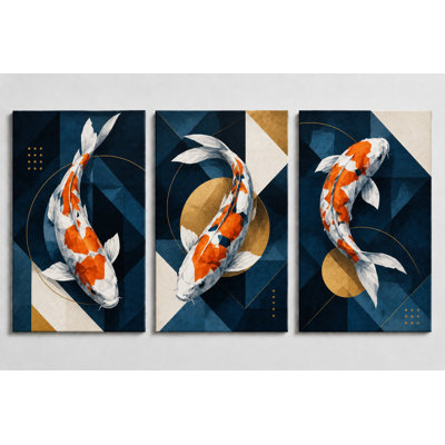 Grand ensemble de 3 reproductions sur toile géométriques japonaises, art zen moderne bleu marine, impression sur toile 16 x 24 pouces - prêt à être accroché
