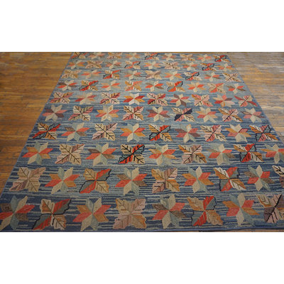 Antique Allover Floral Wool & Cotton Hooked - Loop Pile Blue 1890s Rug