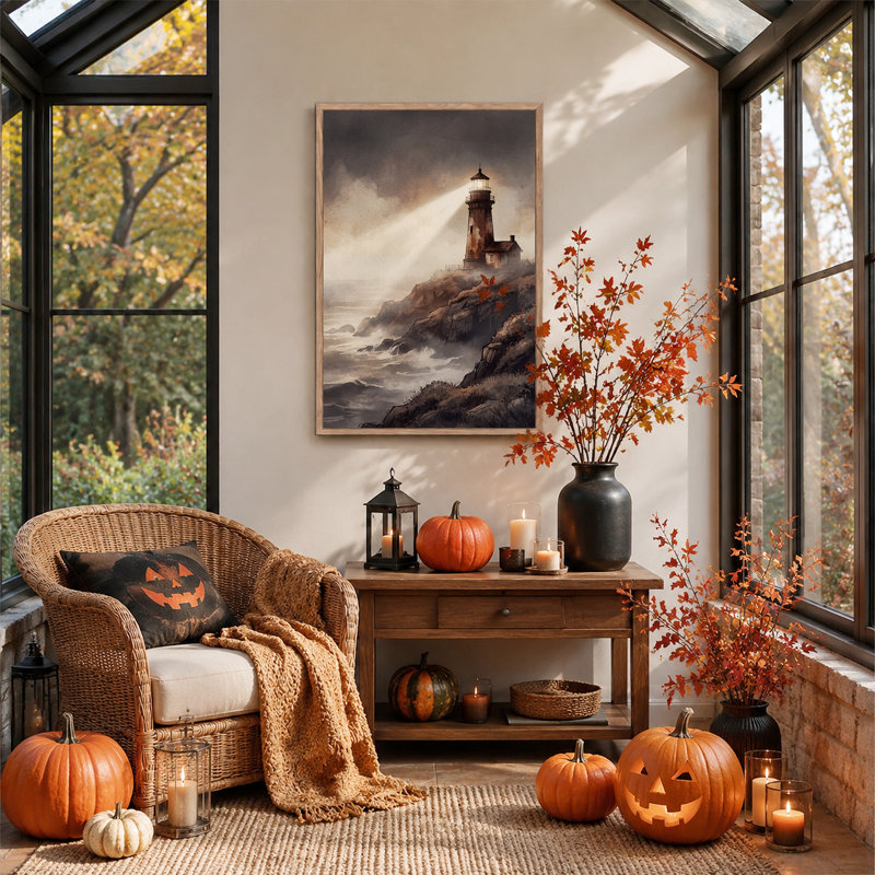 Phare sur falaise rocheuse avec faisceau lumineux - Toile murale d'Halloween, 36"H x 24"W