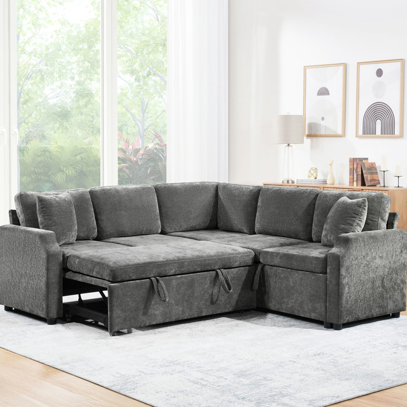 Gray L-Shaped Sectional With Sleeper, Hidden Storage, Chenille Fabric, Elegant Design For Multifunctional Rooms Multi - Functional Bed, Chenille, Throw Pillows Small Apartments