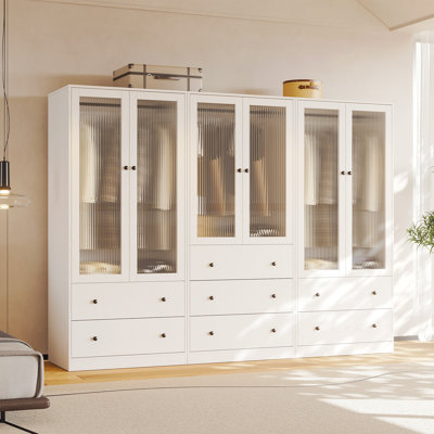20"D x 94.5"W x 71"H Modern Armoire With Soft-Close Doors — Fluted Glass Wardrobe Closet With Shelves & Drawers by Latitude Run