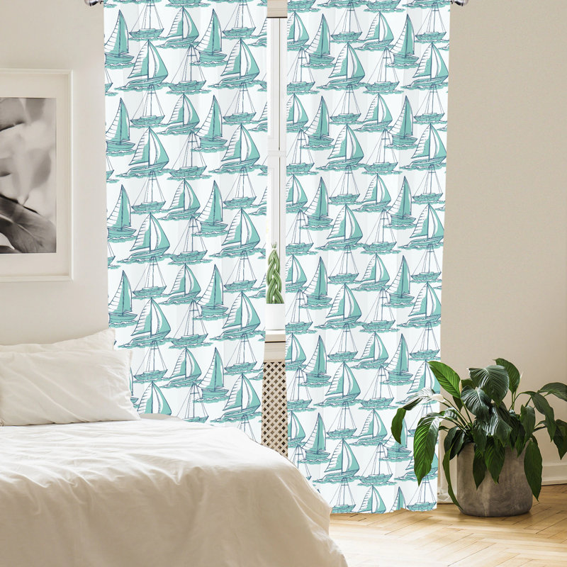 Seafoam Blue Nautical Sailboat Rod Pocket Curtain Panels (Set of 2)