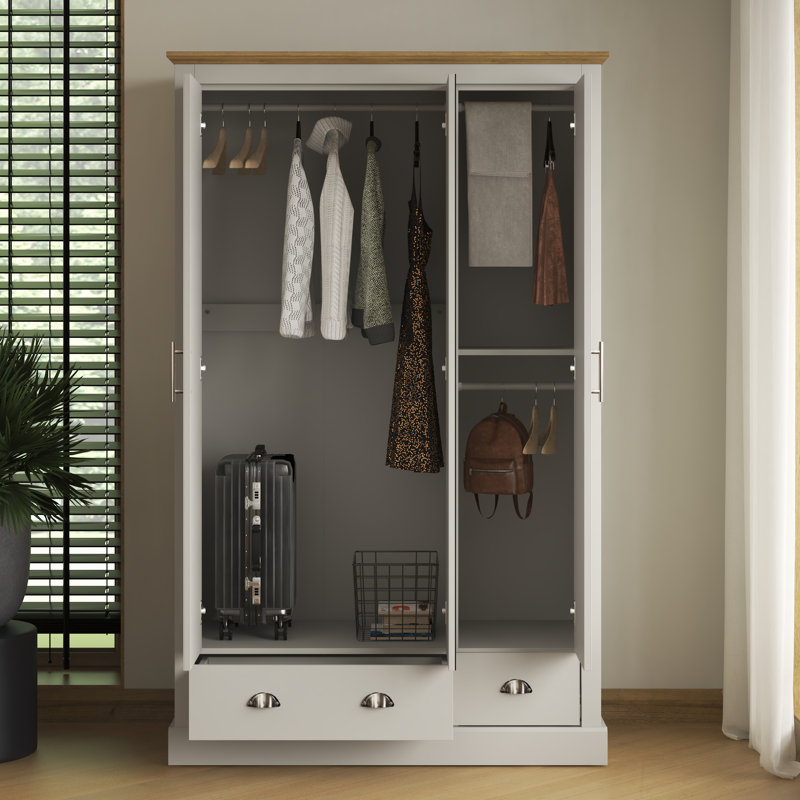 Sufy Annakay 3 Door 2 Drawer Wardrobe with Mirror, Light Grey