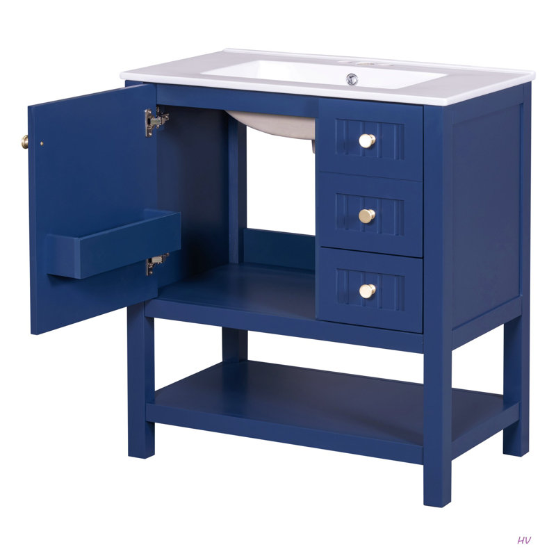 Meuble-lavabo de style transitionnel 30 po avec lavabo en céramique, Bleu / Argent