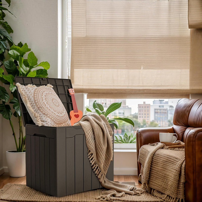 Petit coffre de terrasse extérieur - coffre de rangement en résine imperméable brun, verrouillable pour la livraison de colis ou le rangement de patio
