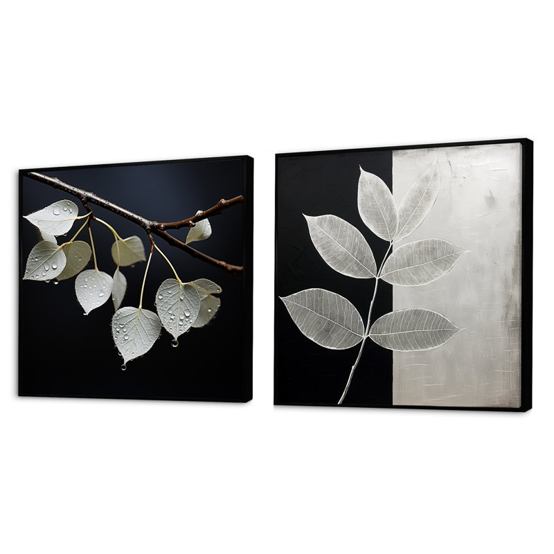 Laisser la silhouette en argent - ensemble de 2 feuilles carrées, Cadre flottant noir, H 16 po x l 33 po