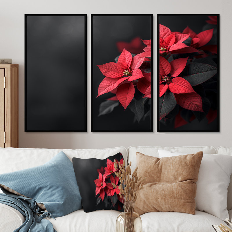 Glaude - Ensemble de décoration murale poinsettias, H 28 po x l 36 po x P 1 po, Toile avec cadre flottant noir