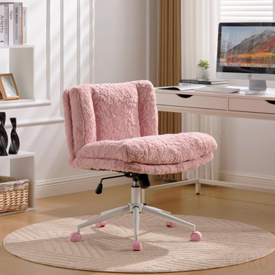W26.4 Inch Wider Seat Office Chair, Artificial Rabbit Hair Home Office Chair With Metal Base, Adjustable Desk Chair Swivel Office Chair, Vanity Chair (Pink)