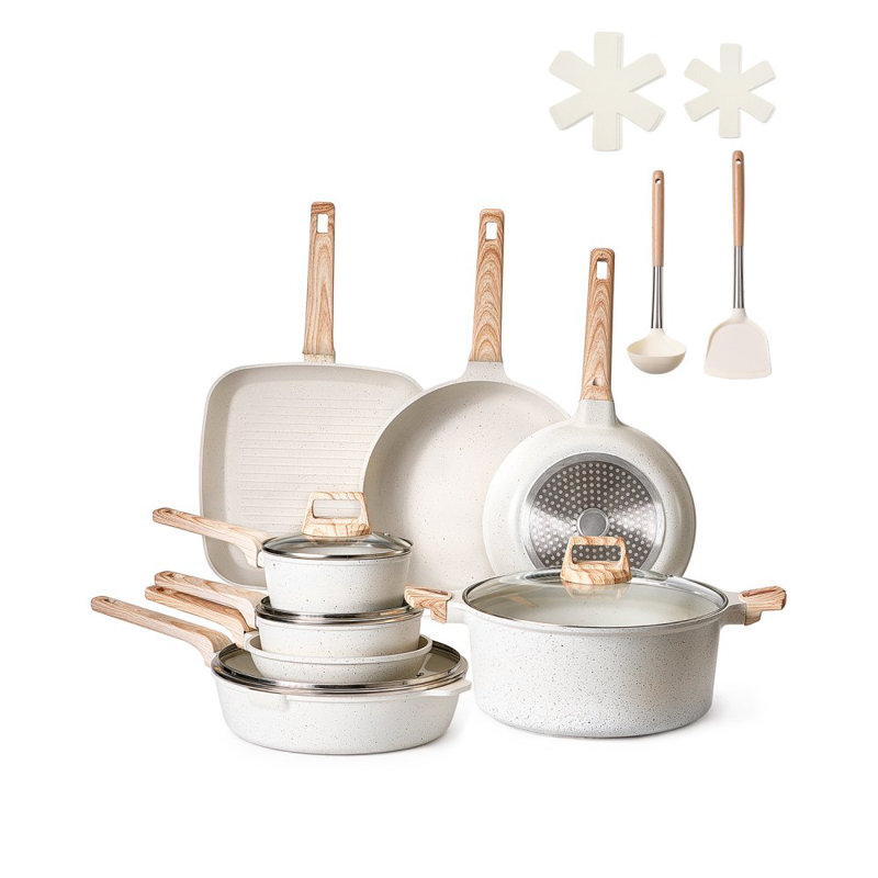 19 Piece Pots and Pans Set Granite Nonstick Kitchen Cookware Induction, White