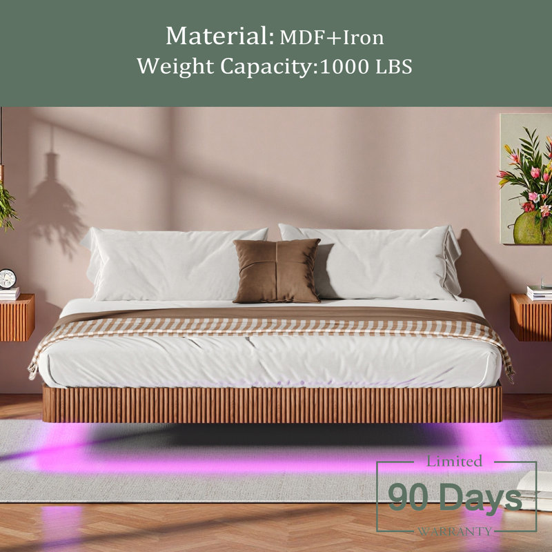 Floating Bed Frame With LED Lights, Wave Curve Wood Texture Bed With Heavy Duty Metal Slats - No Box Spring Needed, Walnut