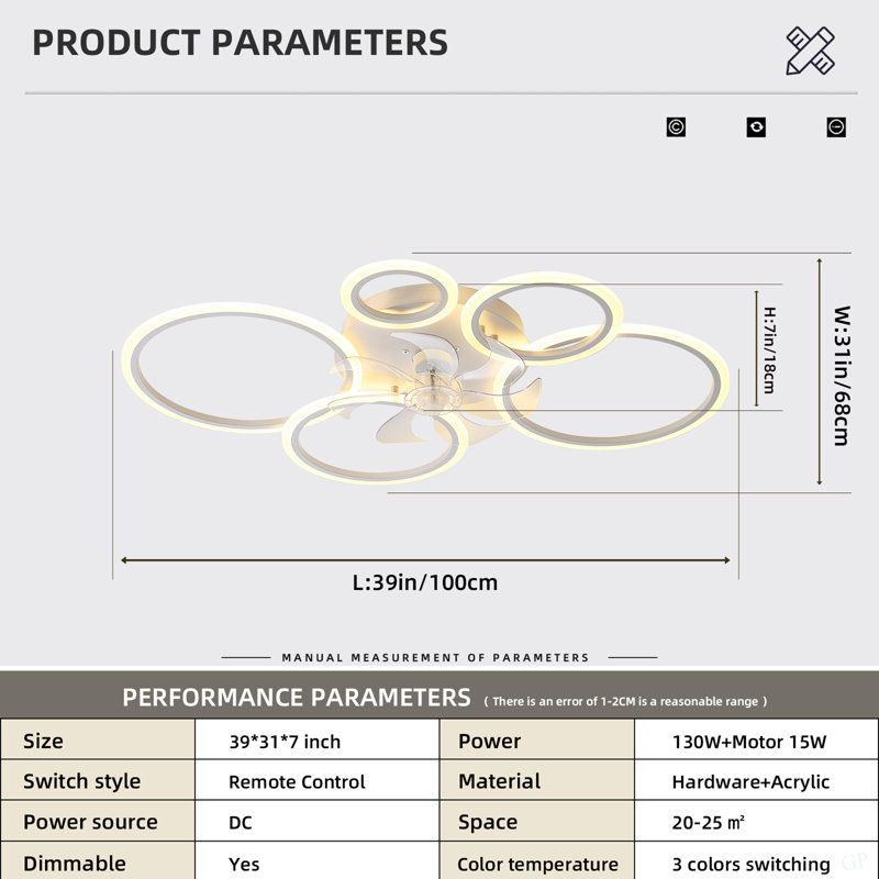Ventilateur de plafond avec télécommande et lumières APP, à intensité variable avec télécommande 7 pales 6 vitesses de vent