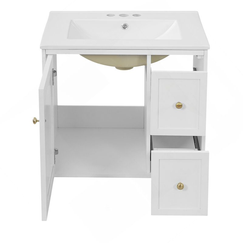 Ensemble de meuble-lavabo mural de 24 pouces avec lavabo en céramique, deux tiroirs et porte à fermeture en douceur pour les petits espaces.
