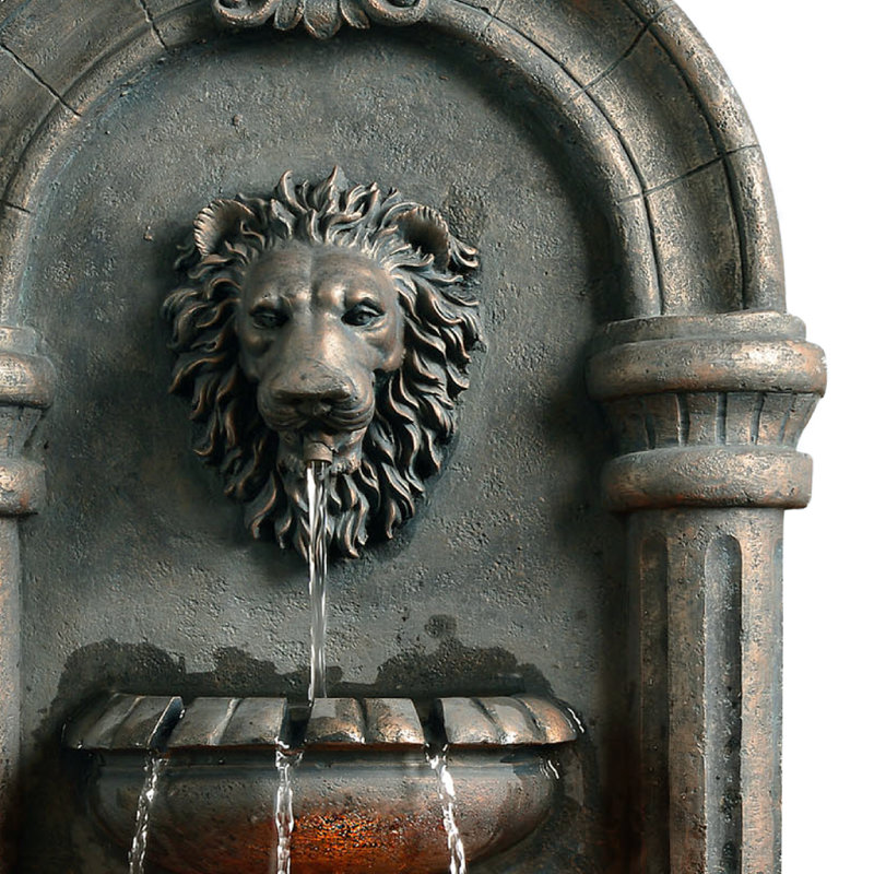 Jowett Tiered Lion Head Outdoor Water Wall Fountain with LED Light and Pump, Antique Bronze