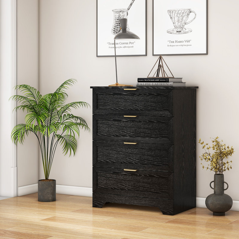 Accent Cabinet with 4 Drawers, Modern Accent Chests Large Wood Storage Cabinet Organizer, Black