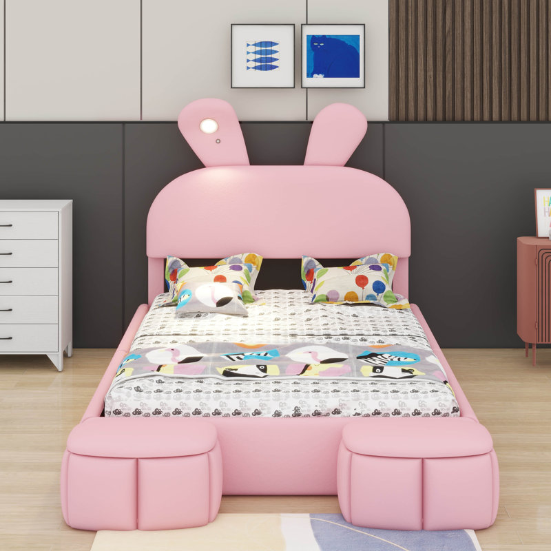 Full Size Platform Bed With Storage Stools Princess Upholstered Platform Bed With Cartoon Ears Shaped Headboard And Light