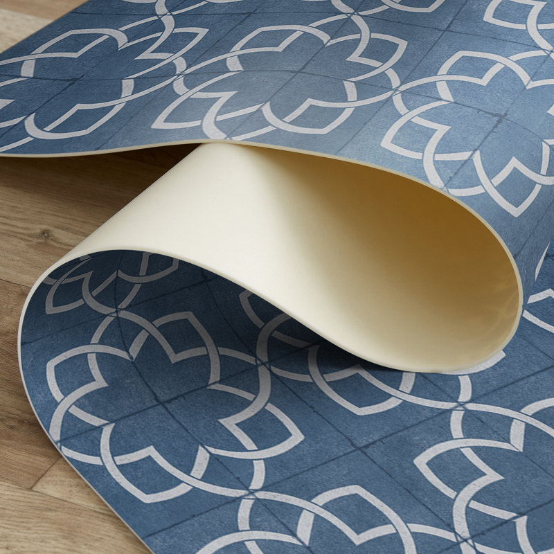 Manos Geometric Vinyl Area Mat in Blue, Rectangle 4' x 6'