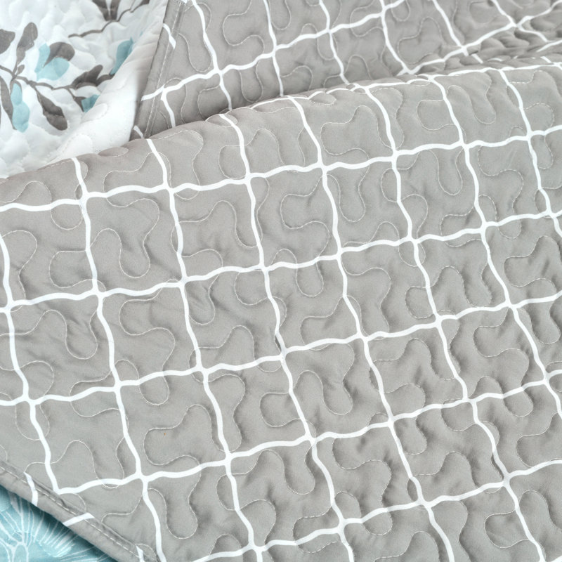Blue and Gray Reversible Floral Microfiber Full Quilt Set